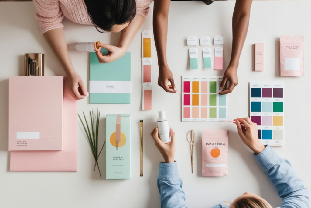Hands of creative professionals selecting color palettes and packaging designs during a collaborative brand strategy session, symbolizing the rebranding process.